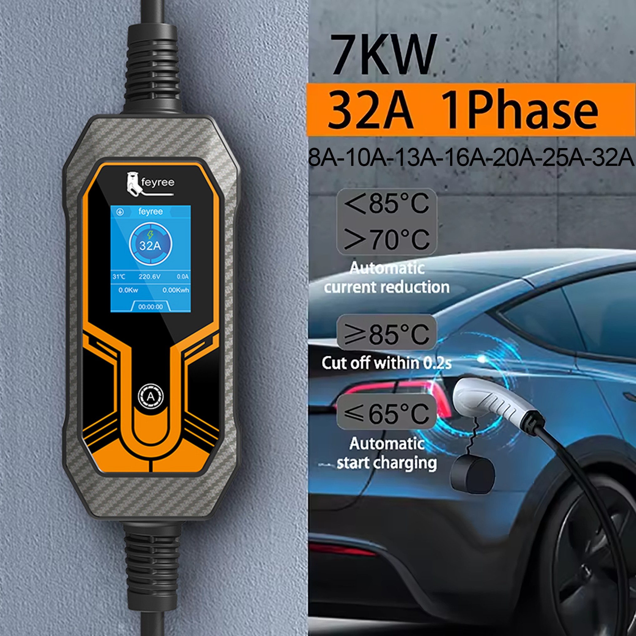 Feyree ポータブル EV 充電器ウォールボックス Type2 ケーブル 32A 7KW CEE プラグ付き EVSE Type1 充電ボックス J1772 アダプター電気自動車用