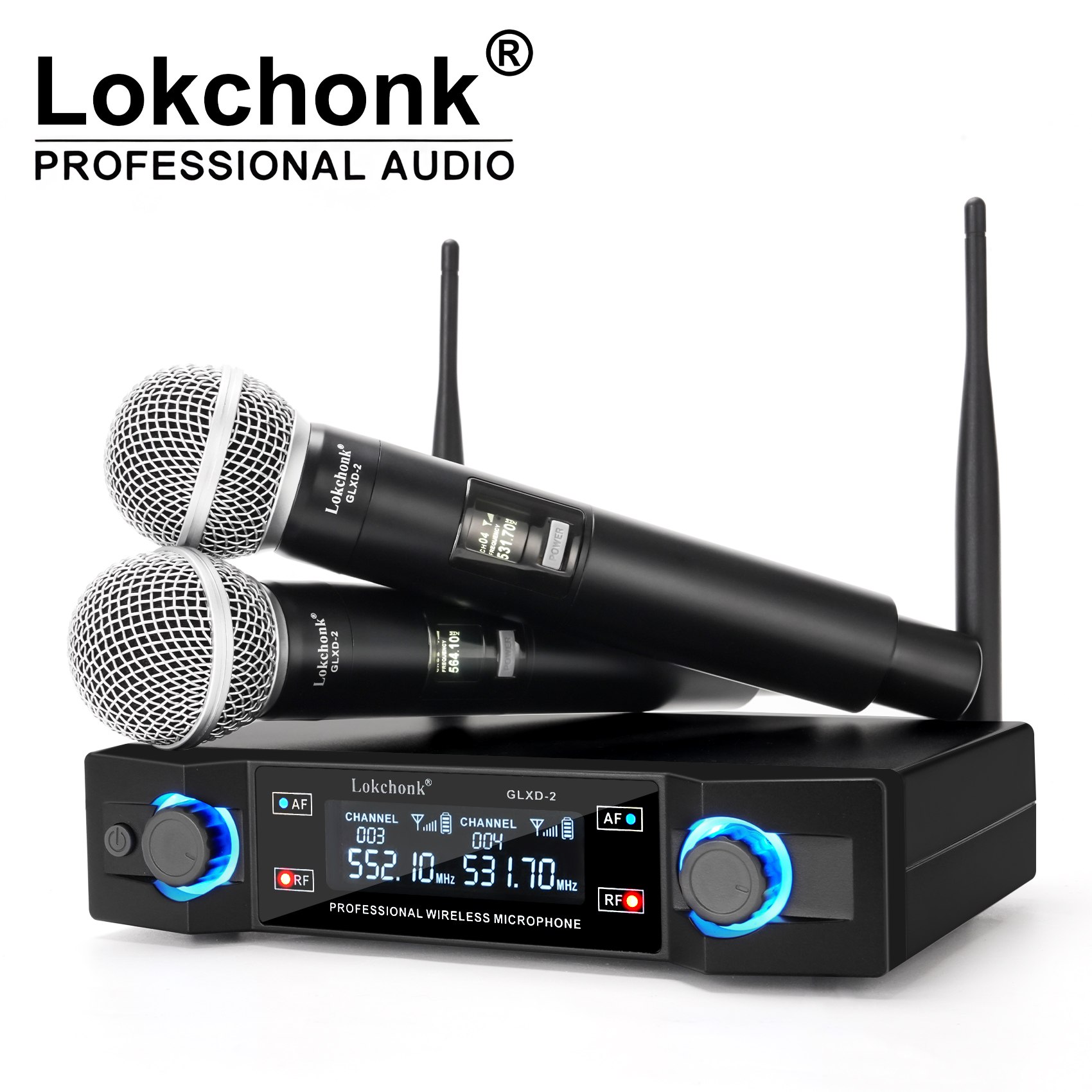 Lokchonk GLXD-2 プロフェッショナル デュアル チャンネル ワイヤレス マイク システム 2 ハンドヘルド マイク付き ステージ カラオケ スピーチ指導用