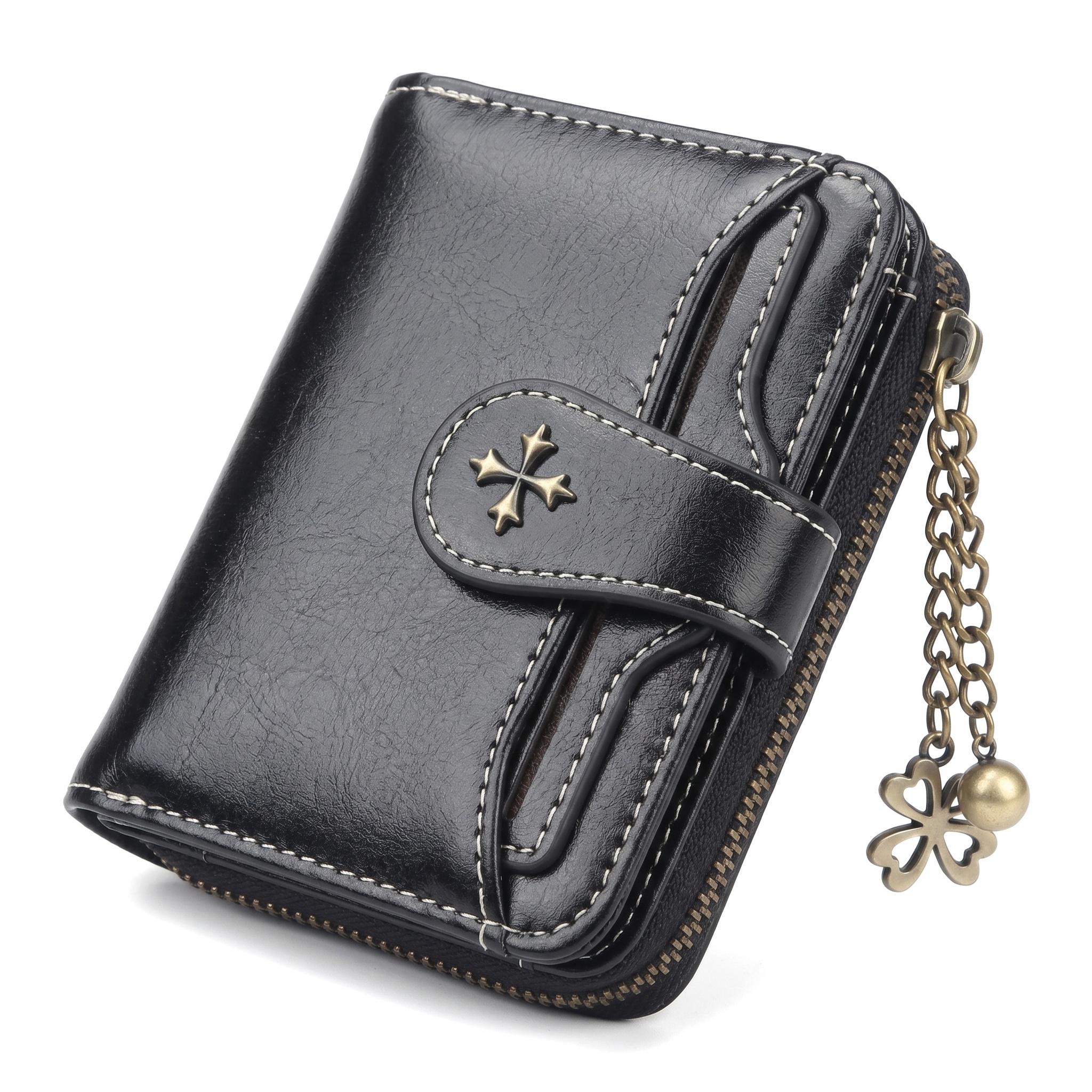 RFID ブロッキングオイルワックスレザー女性ミニ財布マルチカードクローバージッパー小銭入れポータブルレディース財布オフィス旅行日常