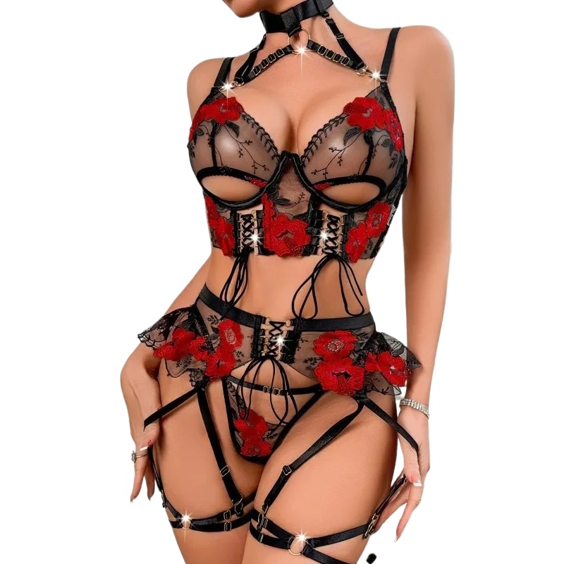 Tornova Sexy Female Lingerie Mesh Patchwork Embroidery Halter Underwear Lace Up Hollow Out See-through Women's Sexy Lingerie New