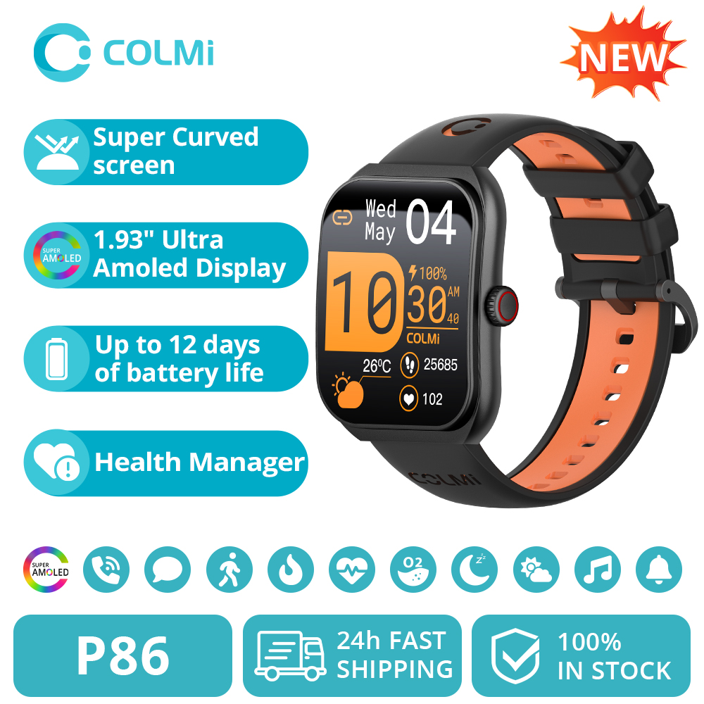 新しい COLMI P86 1.93 "AMOLED スマートウォッチ男性ヘルスマネージャー Bluetooth 通話 IP68 防水スマートウォッチ女性 Xiaomi iOS 電話