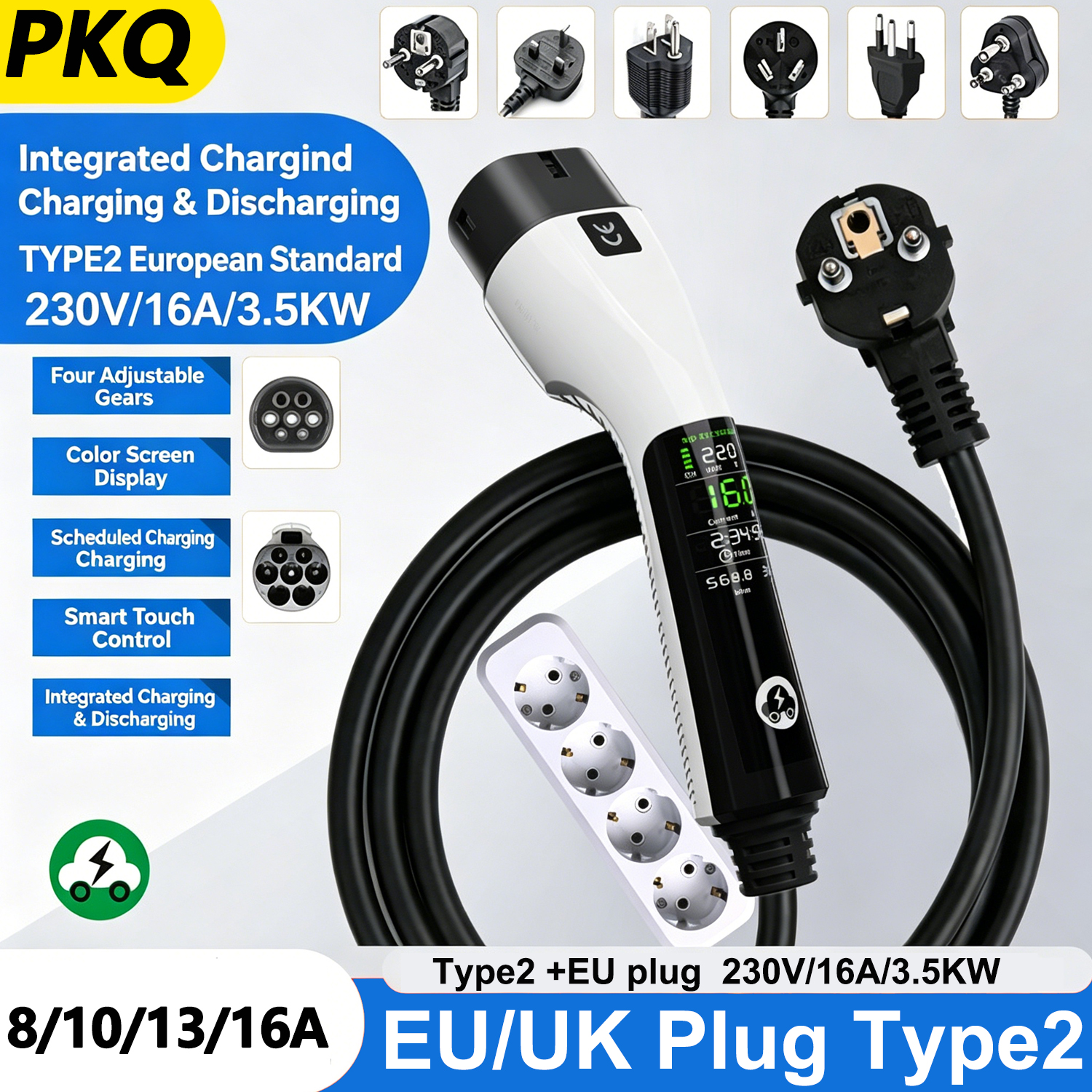 PKQ 3.5KW 16A Type2  EV Portable Charger 5M Cable EVSE EU/UK Plug Wall Box Adapter for Electric Vehicle with Display Screen