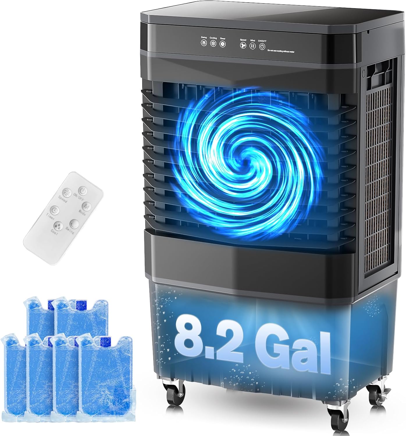 2800 CFM ポータブル蒸発空気クーラー、8.2 ガロンタンク、3 スピードファン、リモコン、12 時間タイマー、120° 振動、部屋、ガレージ、寝室用 - グレー