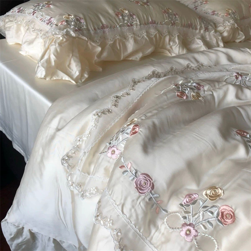 800TC リヨセル竹繊維ソフトシルキー寝具セットローズ花刺繍レースフリル布団カバーフラット/フィットシート枕カバー
