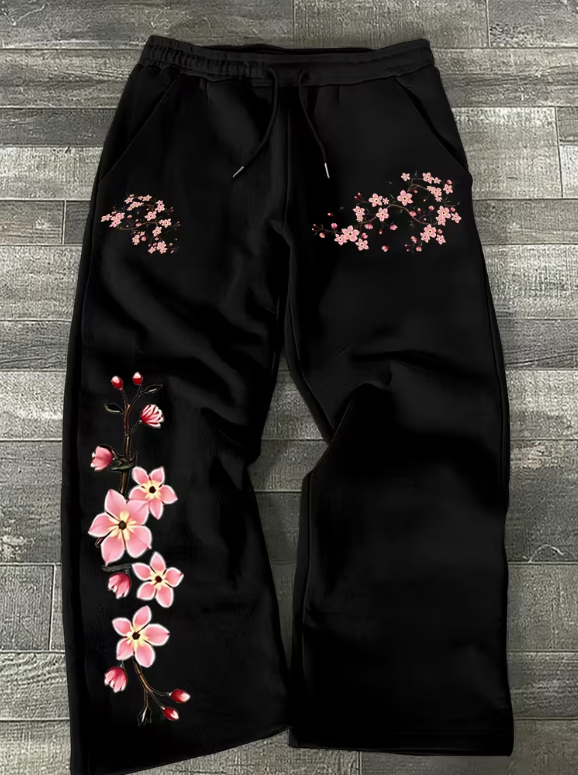 桃の花柄3Dスポーツパンツ 男女兼用 ダーク美学 ゴシックルーズワイドレッグパンツ ストリートカジュアルパンツ