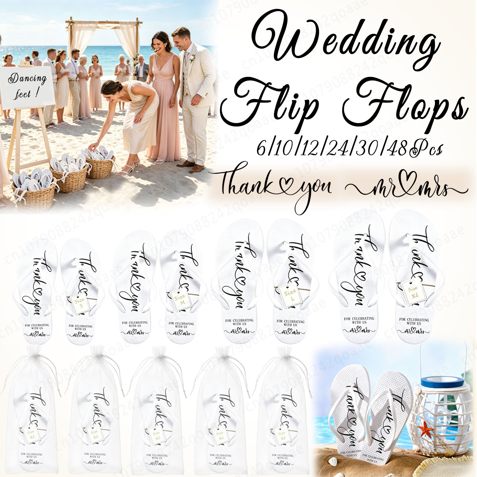 6～48 ペアのビーチサンダル 結婚式用 ウェディングスリッパ サイズカードとバッグ付き 結婚式の記念品 ゲスト用 バチェロレッテ ビーチ プール