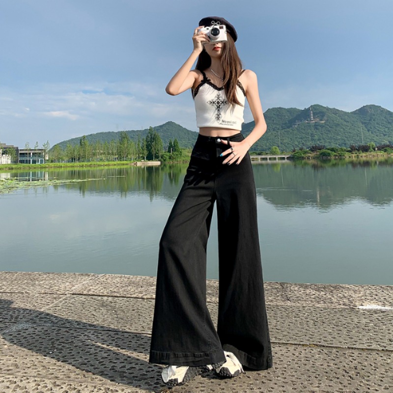 レトロワイドレッグジーンズハイウエストデニムパンツ多用途カジュアルルーズフィットドレープストレートボトム女性ヴィンテージスタイル