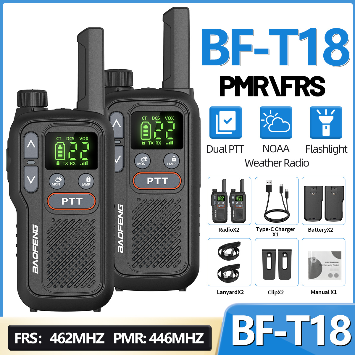 2 個 Baofeng BF-T18 ミニデュアル PTT トランシーバーポータブル PMR 446Mhz FRS 懐中電灯 NOAA キャンプ双方向ラジオ F22 PMR