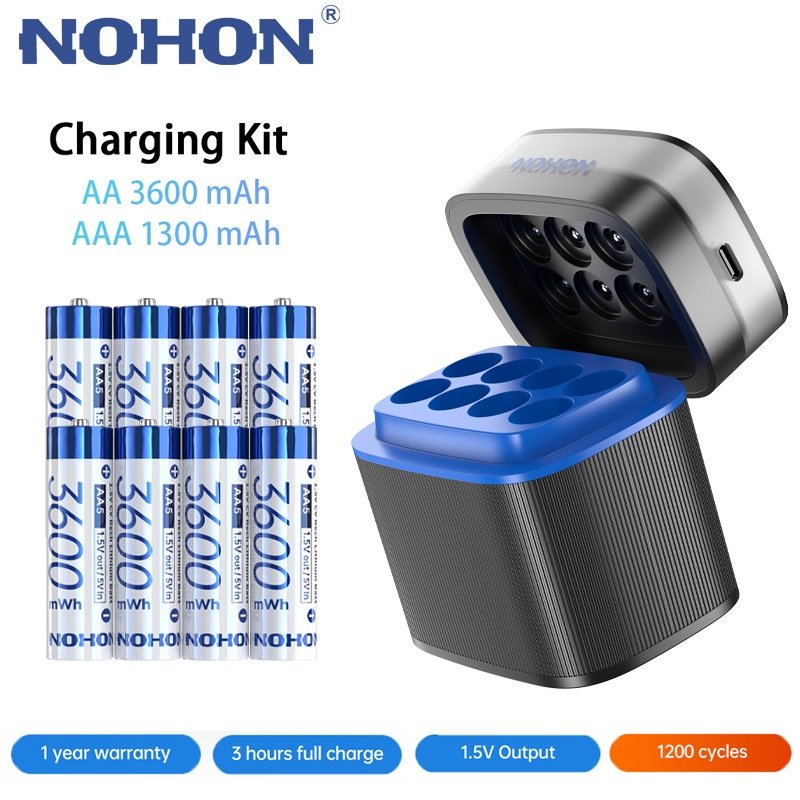 新しい Nohon 充電式バッテリー 1.5V 単三 3600mWh AAA 1300mWh オリジナルリチウム電池充電器付き時計ビデオラジオゲームカメラ