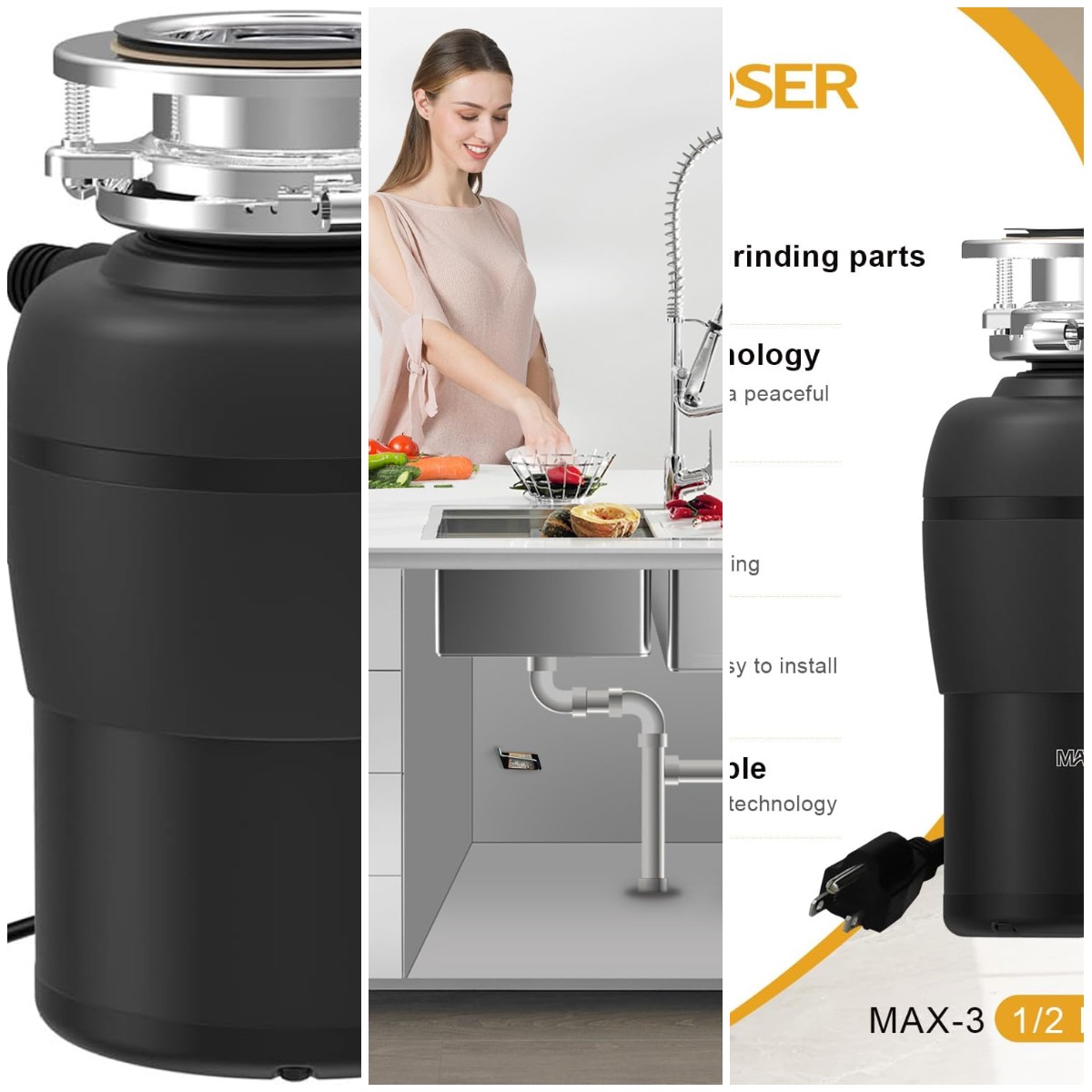 生ごみ処理機 1/2 HP 簡単設置 静か ストッパー付き 電源コード キッチンシンク 生ごみ処理機