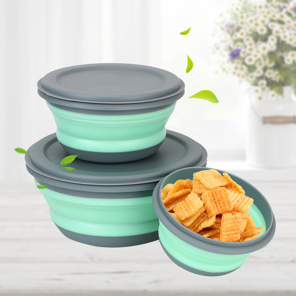 折りたたみランチボックスボウルセットシリコン3ピース/セット食品容器食器セット折りたたみ式サラダボウル蓋付きポータブル