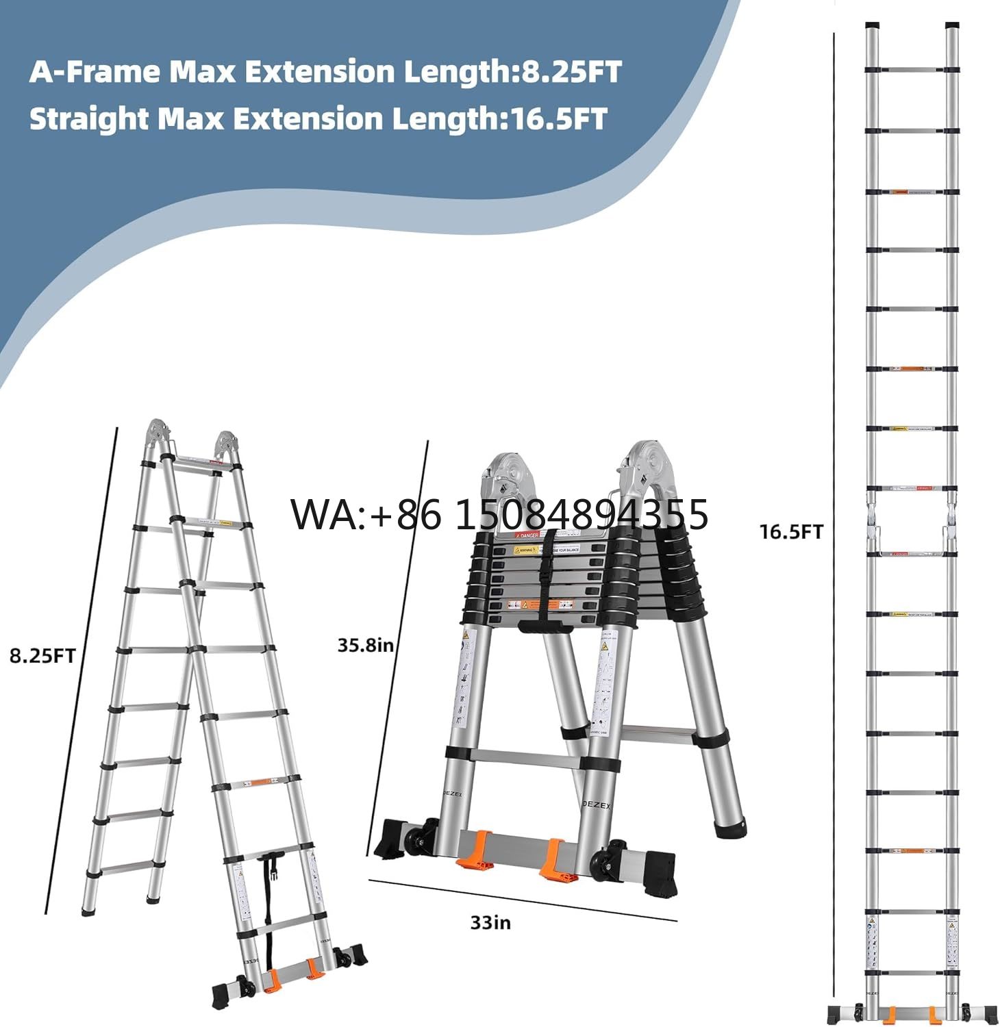 Frame Telescoping Ladder 16.5 FT Stainless Steel Balance Bar Movable Wheels Multi-Purpose Collapsible Compact