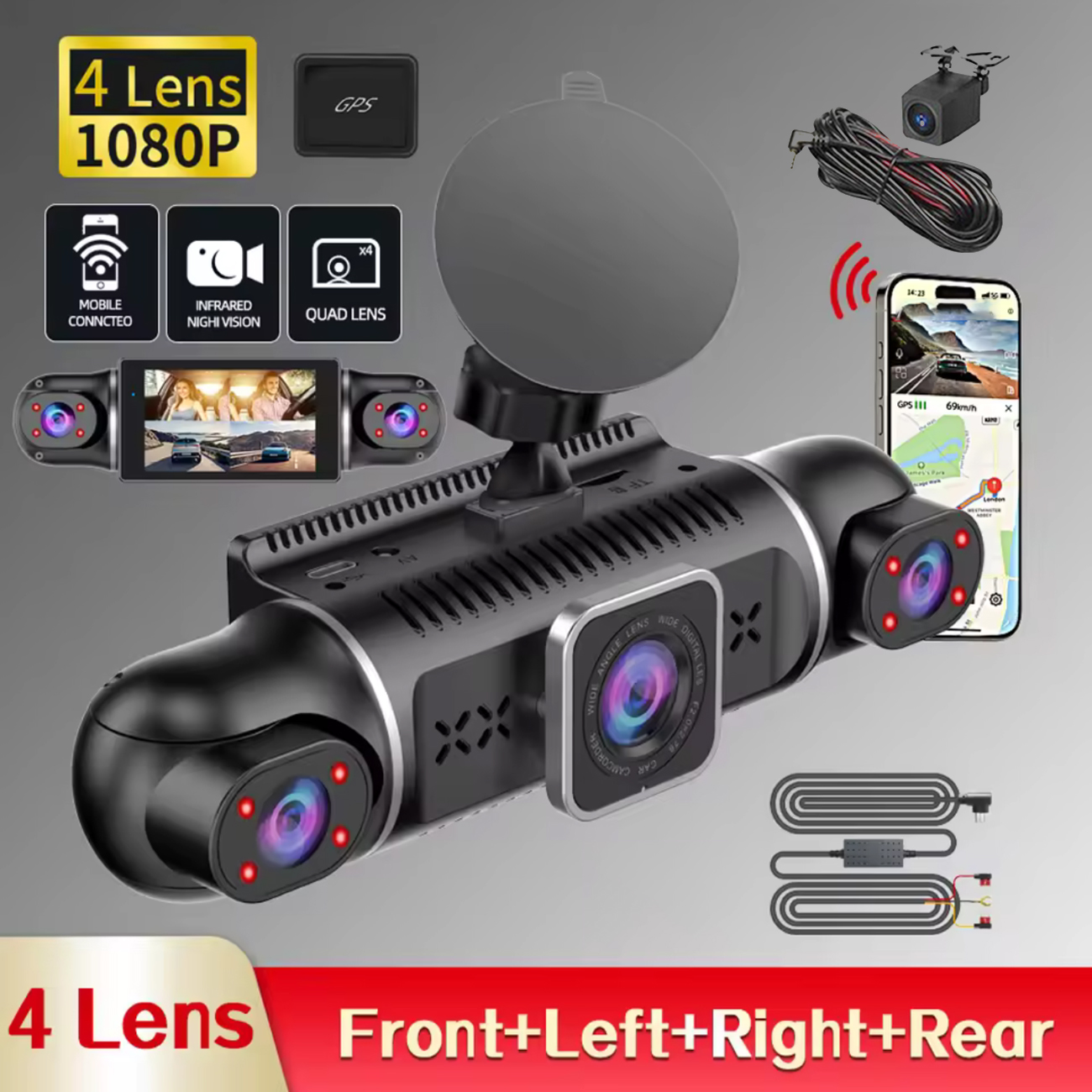 4 チャンネル 360 度車 DVR ダッシュカム WiFi GPS 24 時間駐車モニター 4 レンズ * HD 1080P ビデオレコーダー APP 制御配線ツール