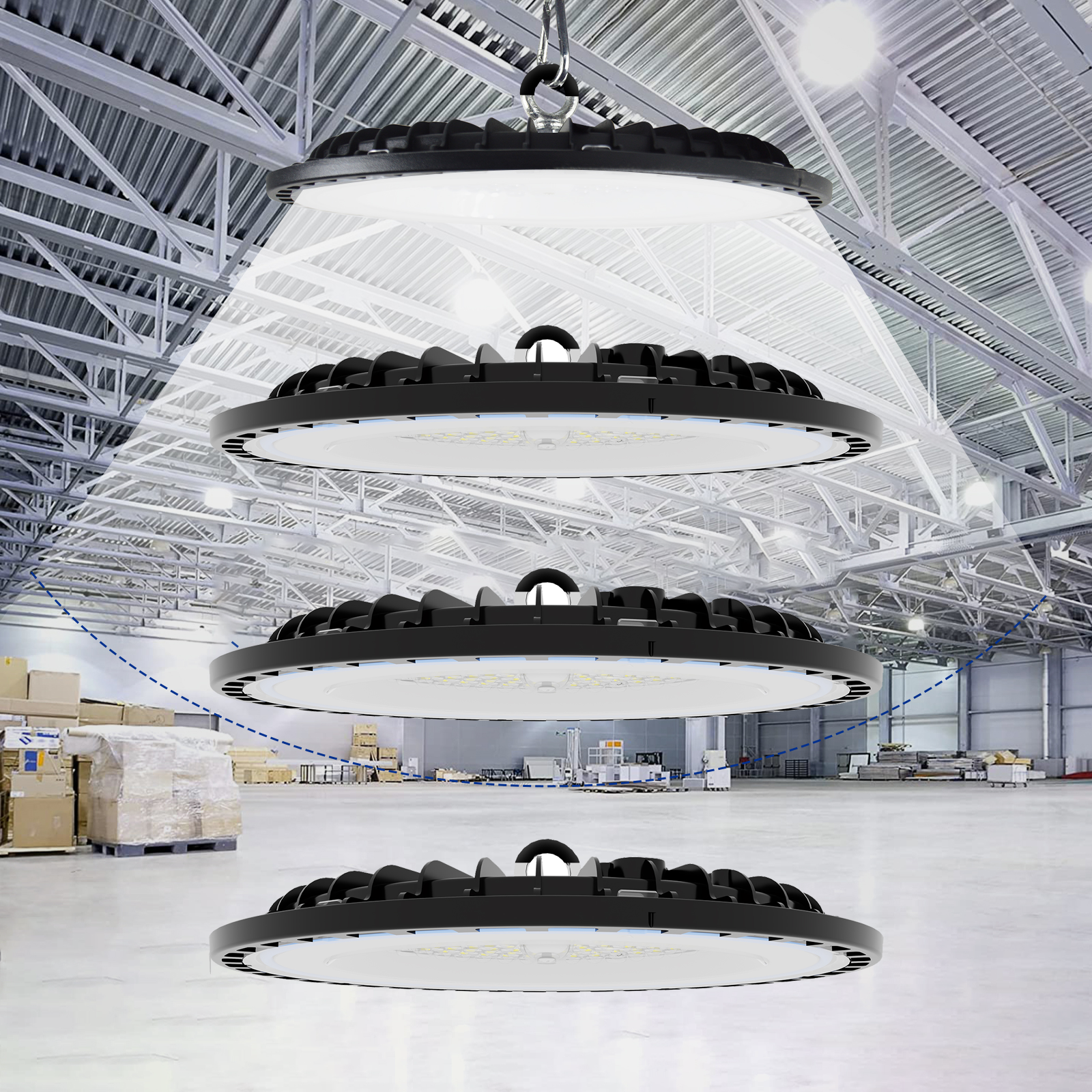 4 パック 100-200W 30000LM UFO LED ハイベイライト、120° 広ビーム角、5000K 昼白色、IP65 防水商業倉庫