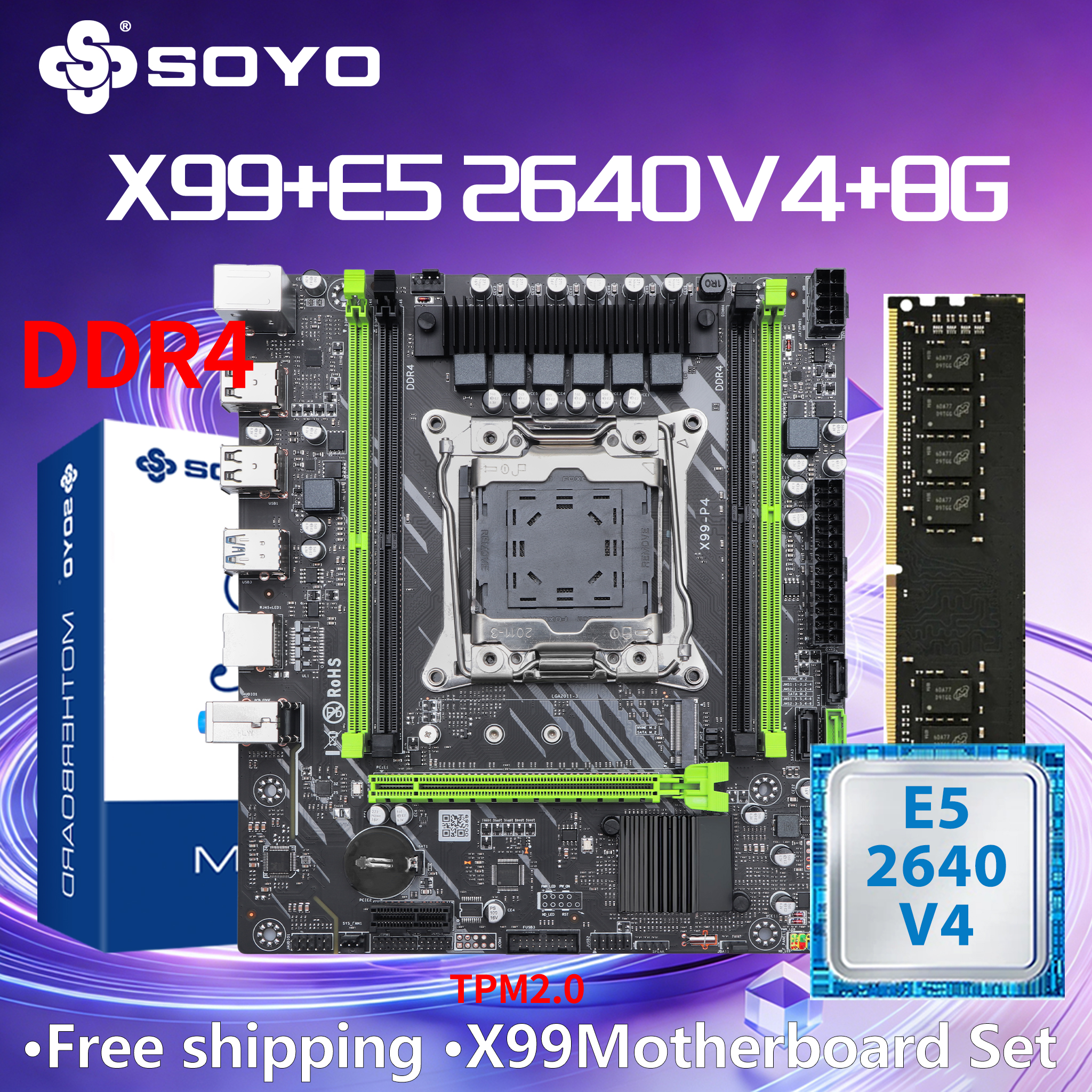 SOYO ゲーミングマザーボードセット X99 インテルキット Xeon E5 2640 V4 CPU DDR4 RAM 8 グラムコンピュータ TPM2.0 PCI-E3.0x16 SATA3.0 LGA2011-3 SATA3.0