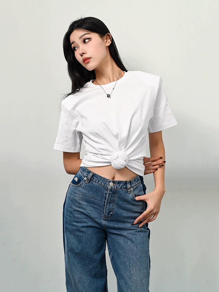 Y2K 結び目ツイストニットスレッドラウンドネックトップ女性ファッショナブルで多用途へそパッド入りショルダー半袖 T シャツ