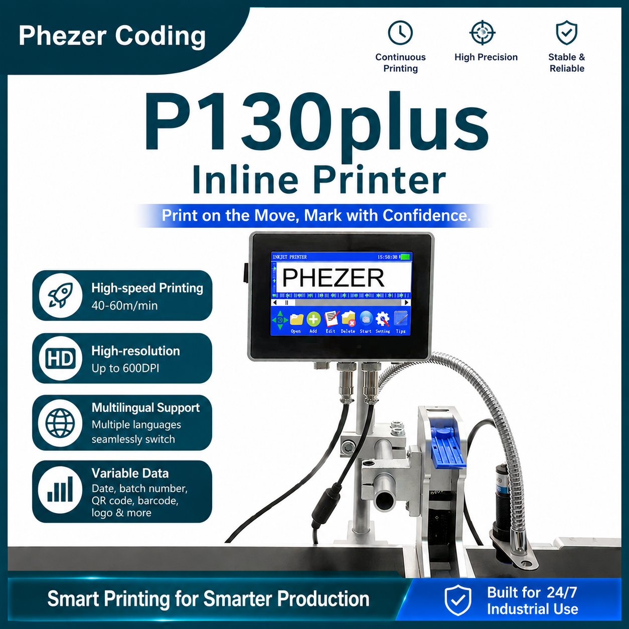 Phezer P130plus オンライン TIJ インクジェット プリンタ 12.7/25.4 ミリメートル HP 工業用コーダー QR コード用バッチ番号ロゴ有効期限ラベル