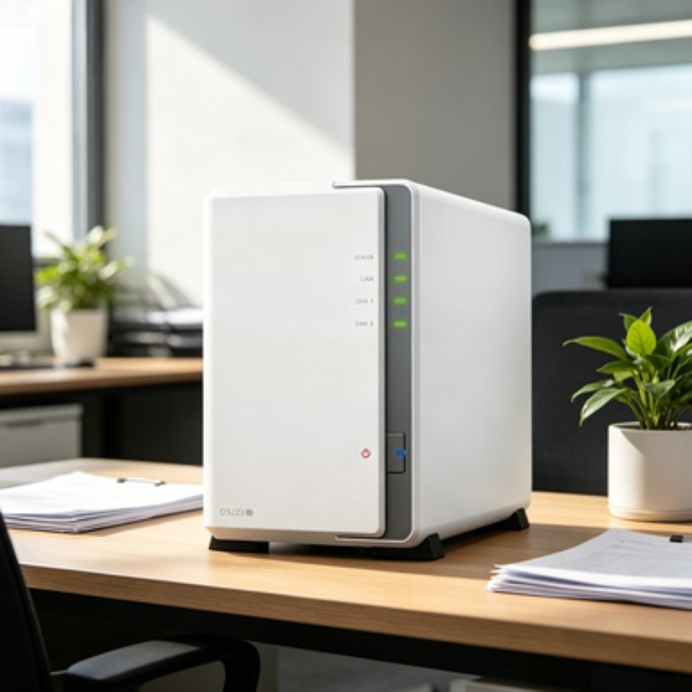 デュアル 3TB WD Red Plus ドライブを備えた 2 ベイ ディスクステーション NAS、1.7GHz クアッドコア プロセッサ、1GB RAM、1GbE LAN ネットワーク ストレージ