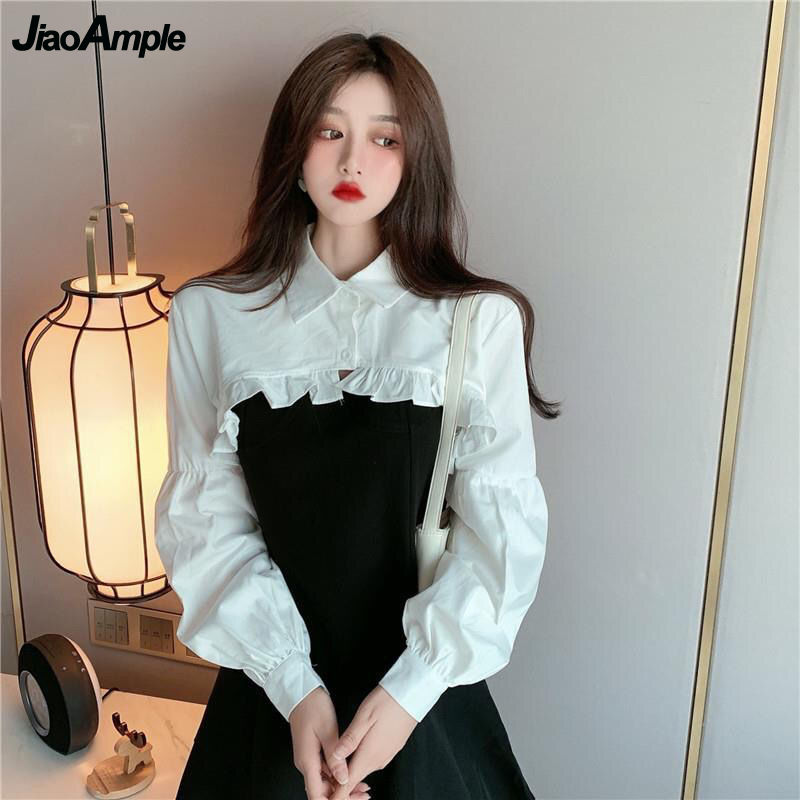 女性の韓国ファッション 2 ピースドレスセット春夏甘いフリル長袖シャツ黒スリングミニドレスセット 2024 トレンディ