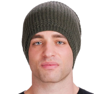 Mais Uomo, an Italian knitwear brand: Hand-knitted men's cashmere and merino wool hat—adjustable and customizable with your choice of color and logo, perfect for travel