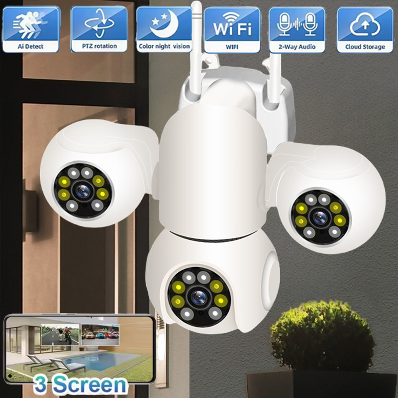 15MP HD IP Wifi Ai追跡セキュリティアラーム双方向オーディオCCTVビデオセキュリティカムカメラPTZ 3画面3レンズカラーナイト