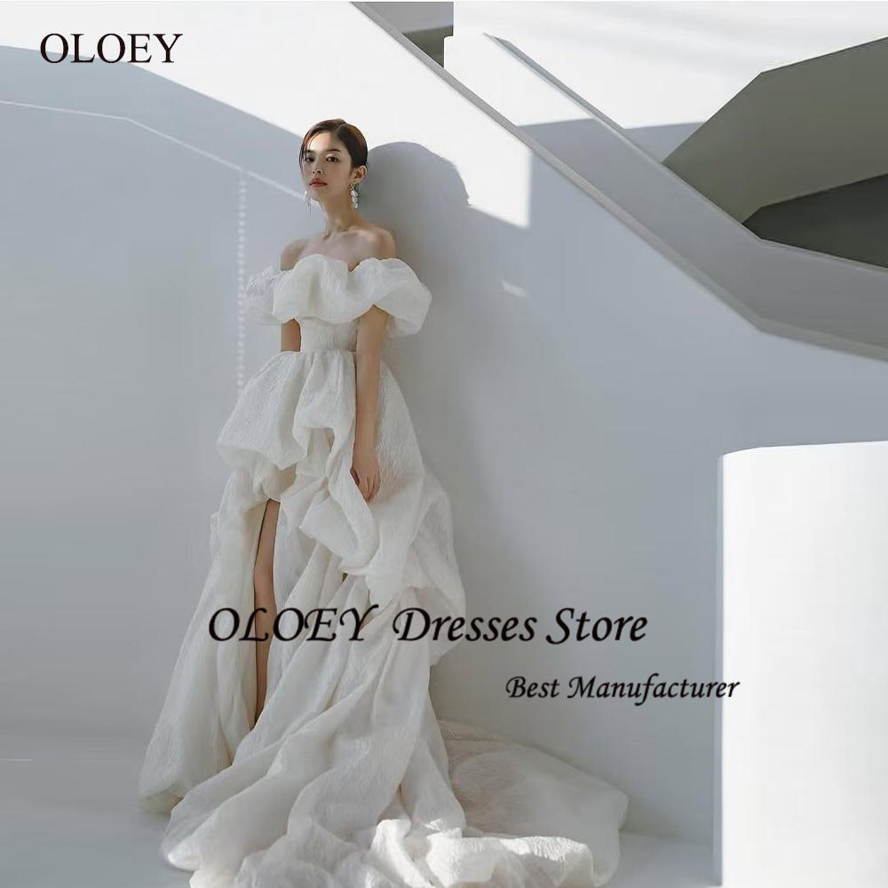 OLOEY セクシーなオフショルダーハイローウェディングドレスショートフロントロングバック韓国写真撮影コルセットバックブライダルドレスカスタマイズ
