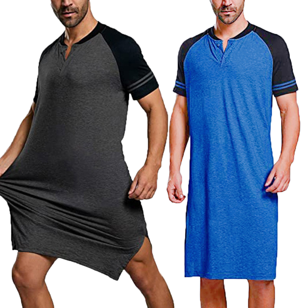 男性部屋着ネグリジェ睡眠ローブストライプバスローブメンズロング Tシャツストライプパジャマパッチワーク睡眠ドレスホームウェアローブ