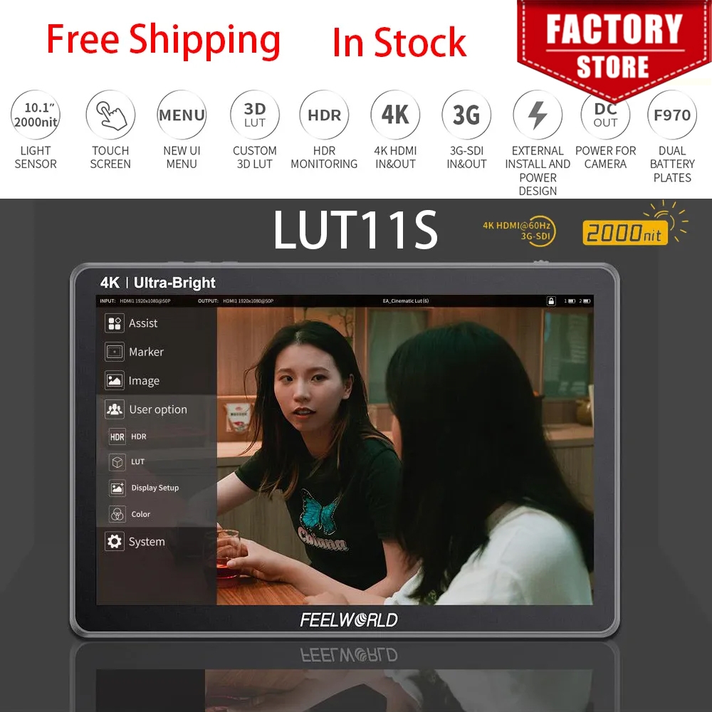 FEELWORLD LUT11S 10.1 ''2000nit IPS タッチスクリーン 3DLUT 3G-SDI HDMI DSLR カメラモニター屋外に最適 F970 外部