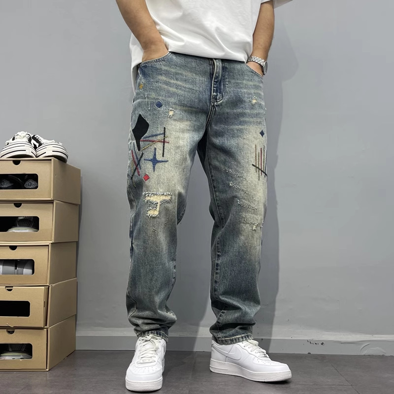 ヘビーウォッシュホールジーンズメンズパッチ刺繍テーパードストレートデニムパンツ春夏ファッショントレンドストリート男性のズボン