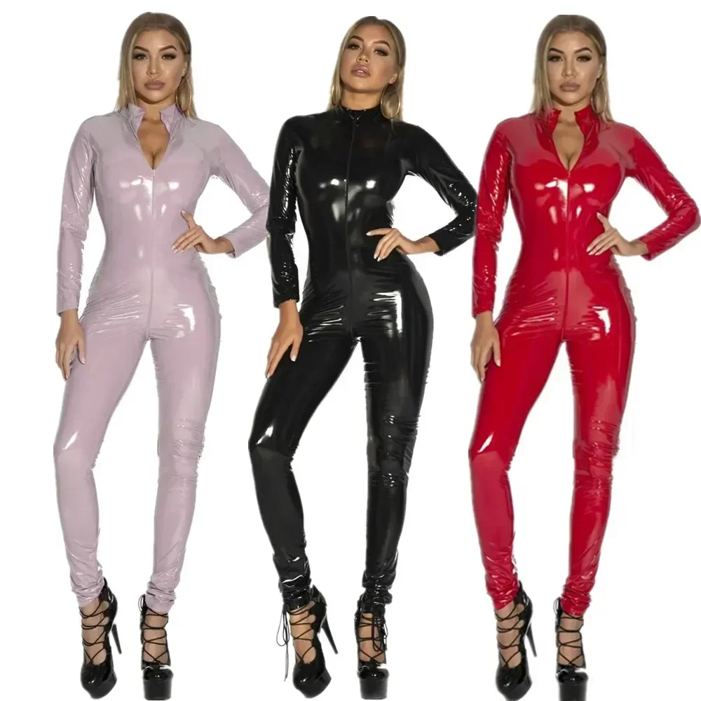 2025 ハロウィンプラスサイズの女性黒赤ピンクセクシーな光沢のあるパテントレザー PU ジッパーオープンクロッチジャンプスーツナイトクラブウェットルック