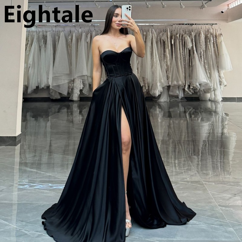 Eightale 2025 黒 A ラインイブニングドレスコルセットハイスリットサテンポケットウエディングドレスドバイフォーマルパーティードレスカスタマイズ