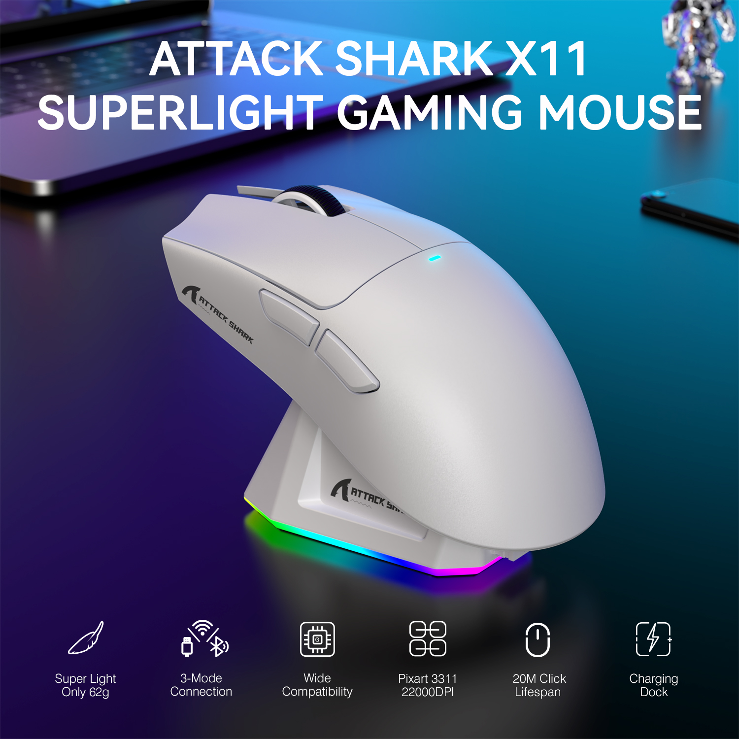 ATTACK SHARK X11 軽量ワイヤレス ゲーミング マウス、RGB バックライト充電、最大 22K DPI、PAW3311 光学センサー、HUYU Swit 付き