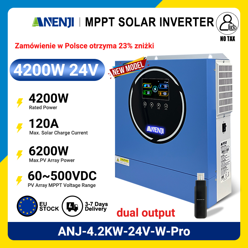 ANENJI 新しい 4200 ワット 24 V ハイブリッドソーラーインバーター MPPT 純粋なサインインバーター 230VAC 最大 PV 電力 6200 ワットデュアル出力ソーラーインバーター