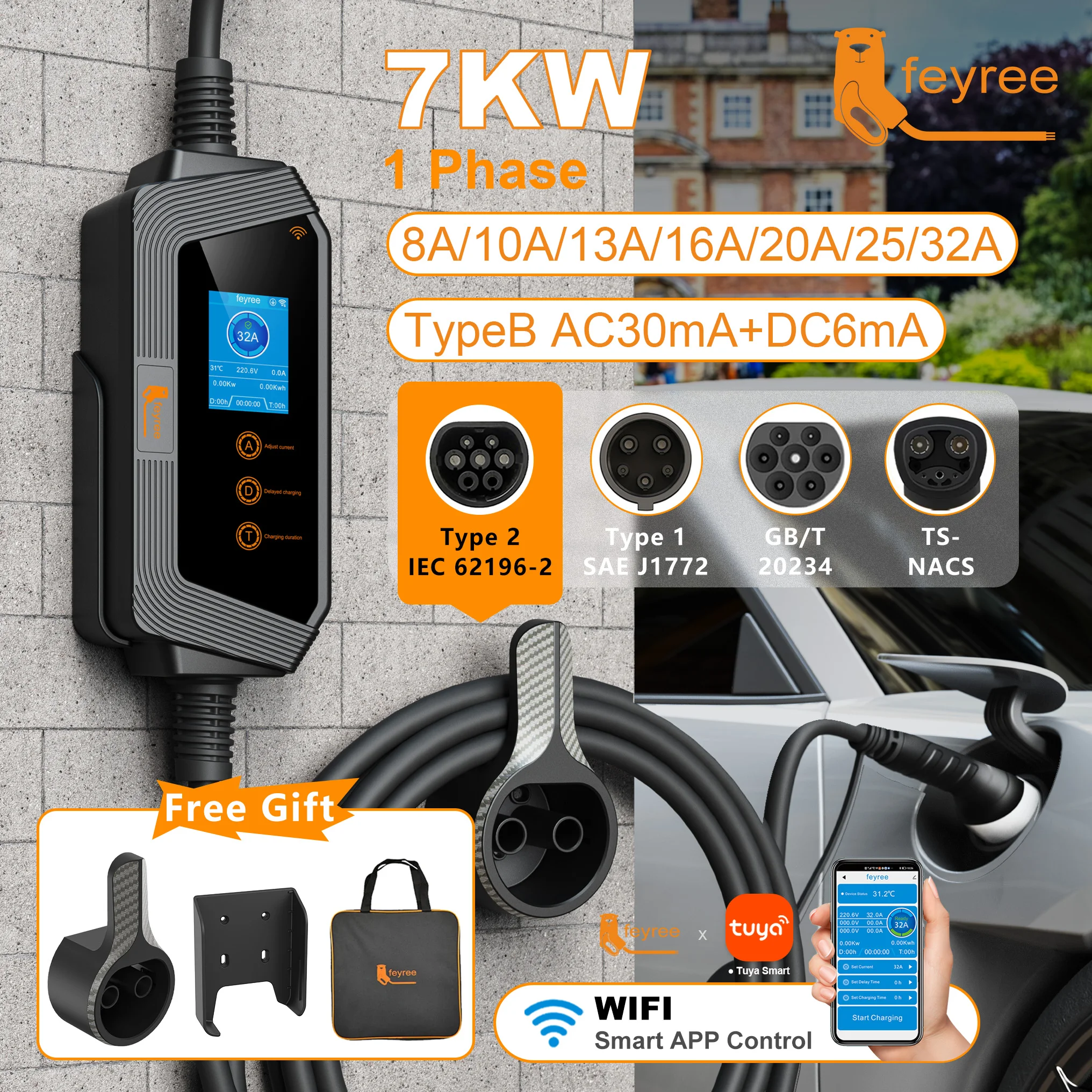 Feyree Type2 / Type1 / GBT / TS-NACS ソケット 32A 7KW 1 フェーズ スマート APP Wi-Fi コントロール 家庭用
