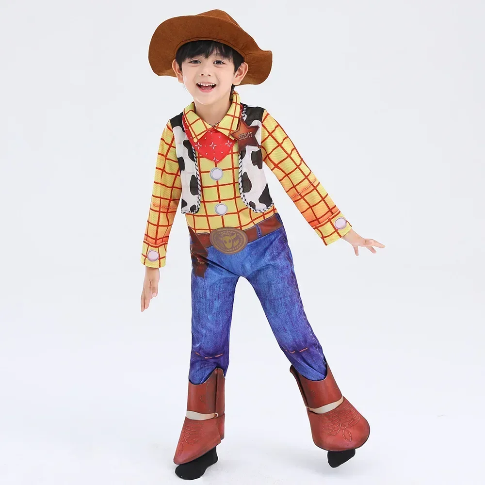 キッズボーイズ 4 ピーススーツカウボーイシャツベストパンツウッディコスプレ衣装ハロウィン誕生日パーティーカーニバルファンシードレスアップ