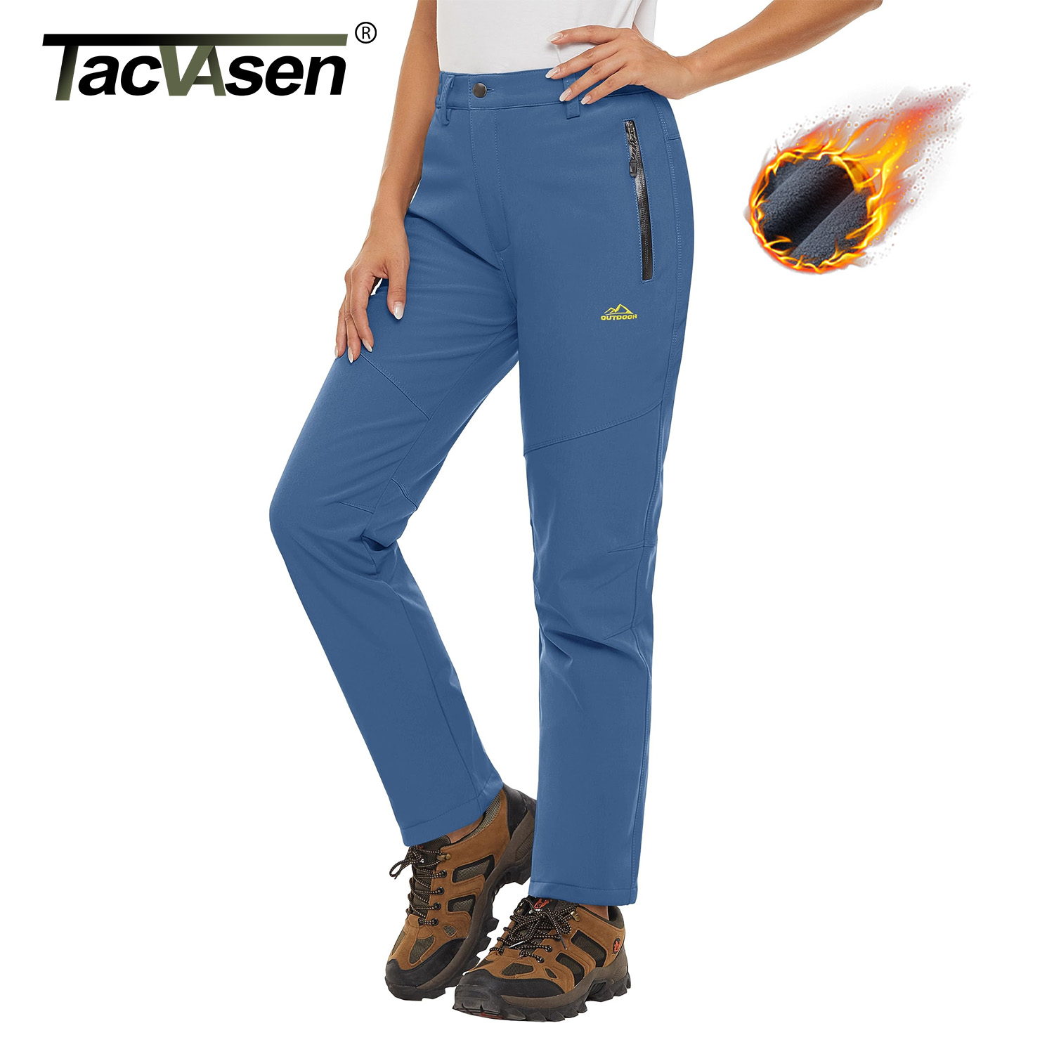 TACVASEN フリース裏地防水ソフトシェルパンツレディース冬暖かいジッパーポケットワークパンツ屋外ハイキングスキー雪ズボン