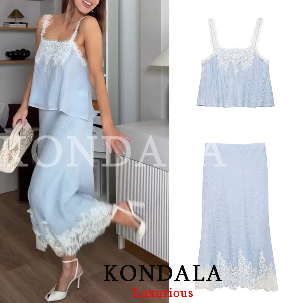 KONDALA ホリデーセクシーなシックな女性のスカートスーツレースキャミトップロングストレートスカートファッション 2026 春夏ビーチスカートスーツ