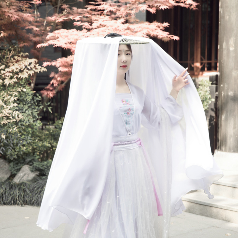 白花竹帽子女性韓服アクセサリーディスプレイ白アンティーク日焼け止めベール竹帽子カーテンコスプレヘッド傘