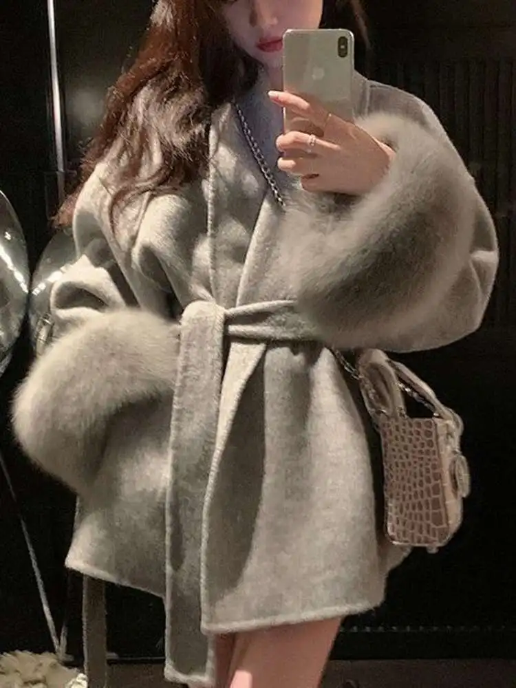 エレガント OL オフィスレディオーバーコート毛皮パッチワーク長袖ウールコート美しい婦人服ジャケット秋 2025 春
