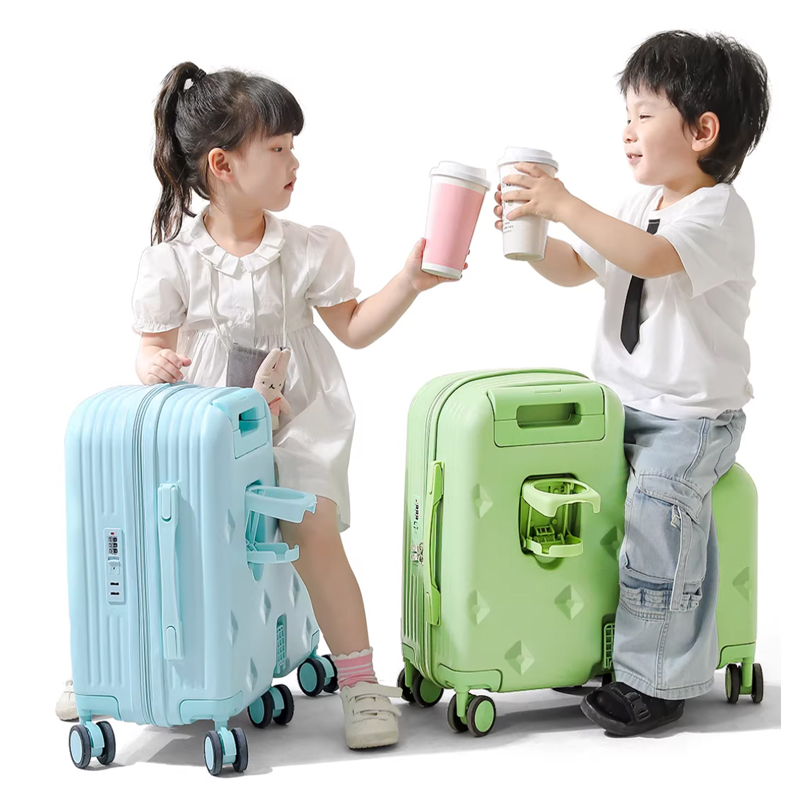 子供用荷物乗り物 2-in-1 男の子と女の子用小型スーツケース 旅行キャビン 18/20 インチ カップホルダー付き 学生用トロリーケース