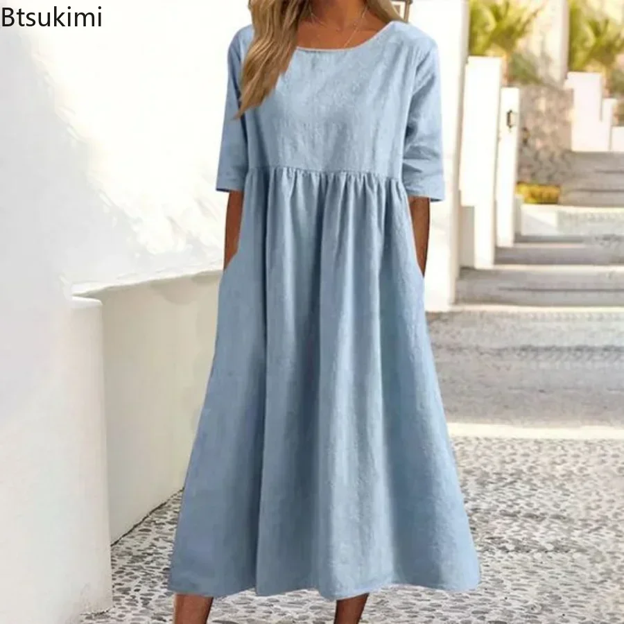 新 2026 女性の夏のカジュアルコットンリネンドレス特大固体 O ネック半袖ルーズドレス女性 Vestidos デ Mujer S-5XL