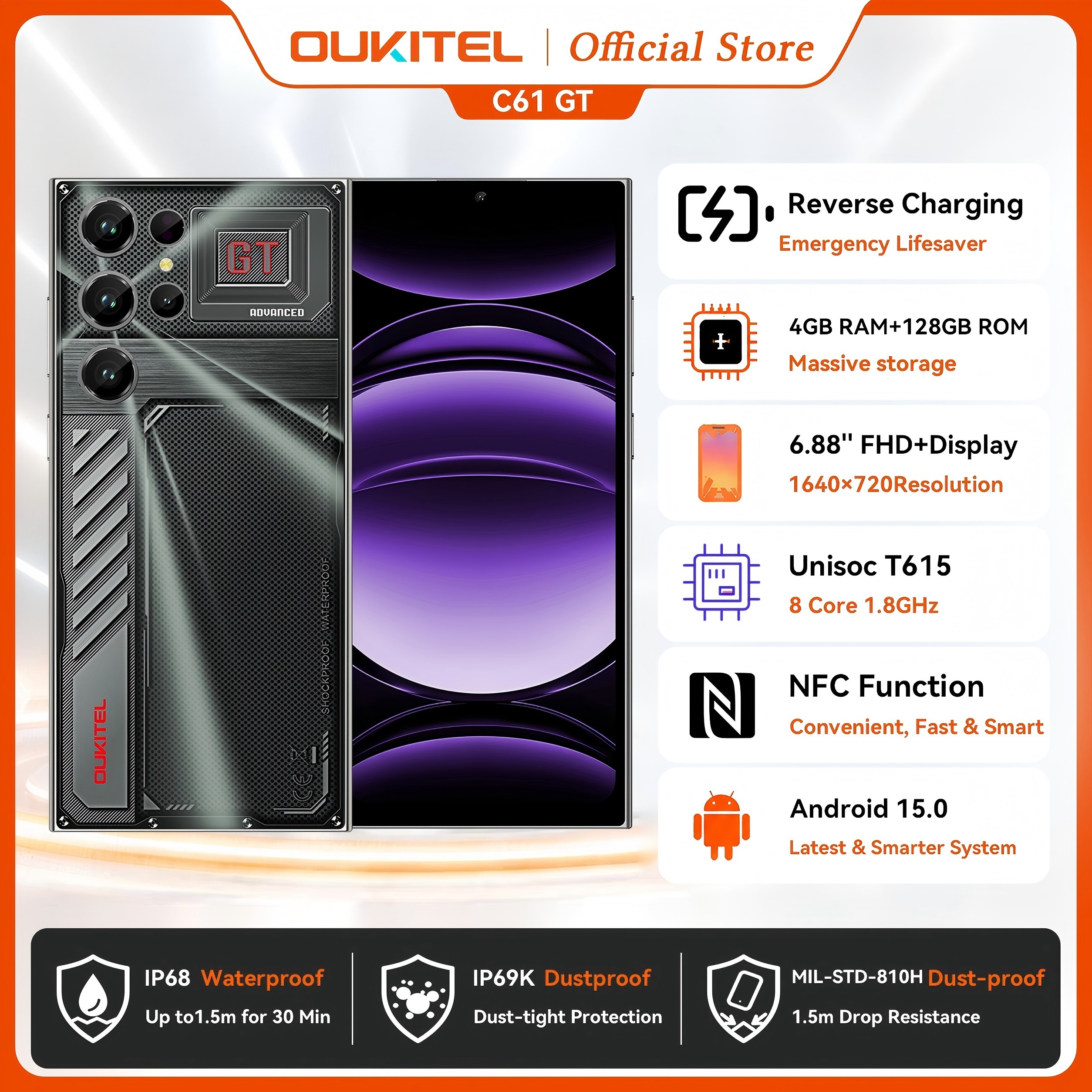 2026 NEW OUKITEL C61 GT 6.88インチ HD スマートフォン、16GB(4 12) 128GB、Samsung 用 Android 15 携帯電話、90Hz、5150mAh バッテリー
