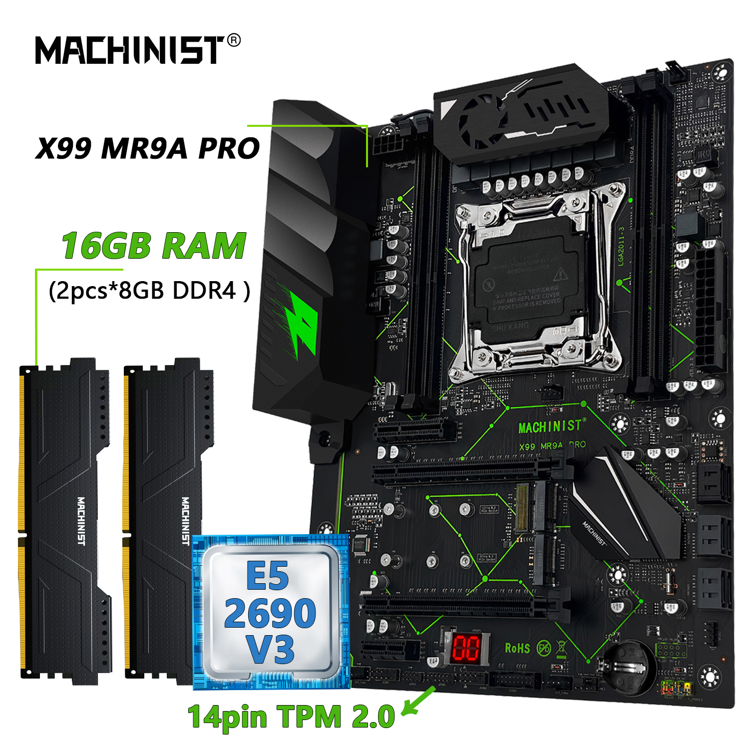 MACHINIST MR9A PRO X99 TPM 2.0 マザーボード LGA2011-3 Xeon E5 2690 V3 CPU DDR4 16GB (2*8GB) 2666MHz RAM オプションキットセット