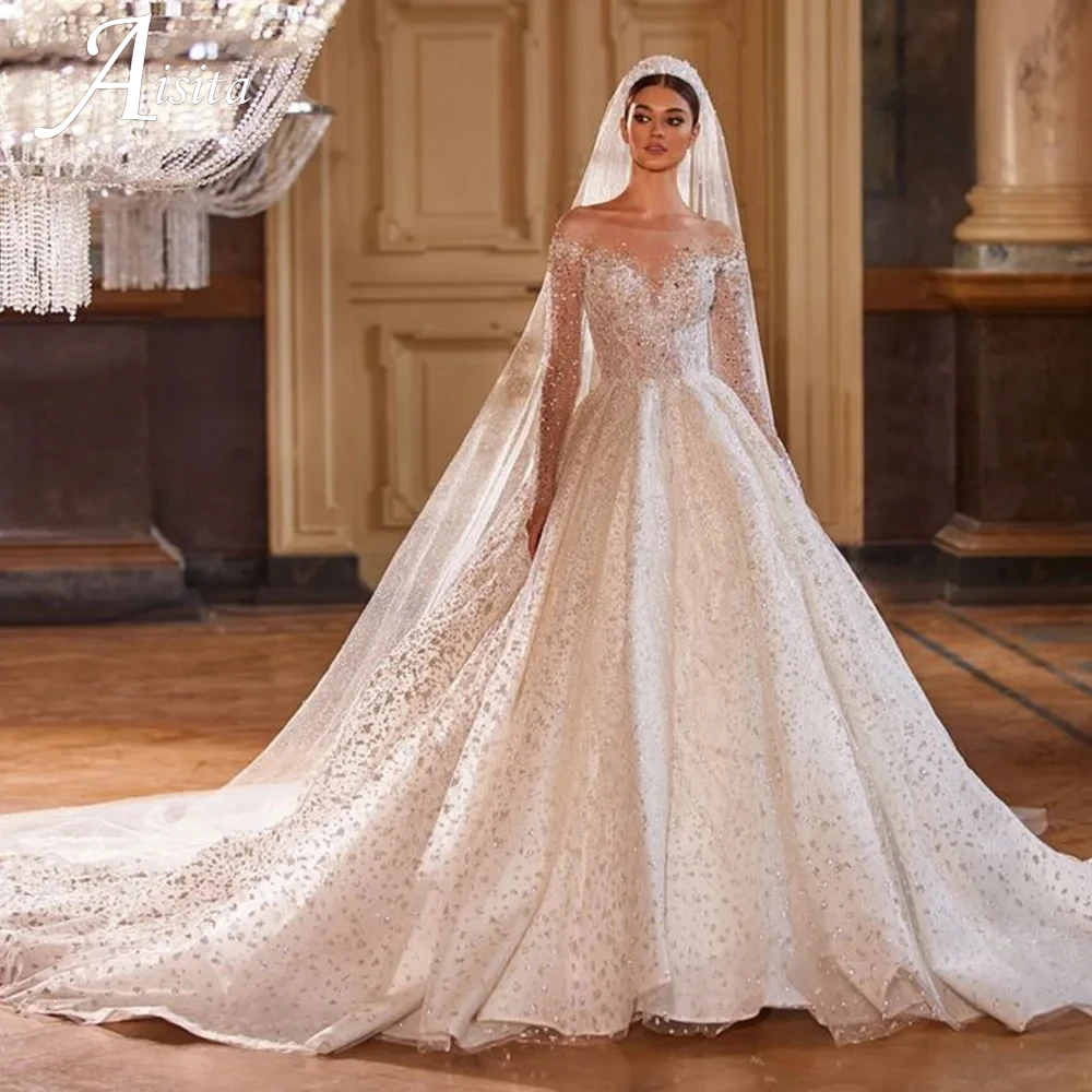 Vestidos De Novia 輝くスパンコール A ライン長袖ボールガウンのウェディングドレスビーズチュール高級 Hochzeitskleid ボタンバック