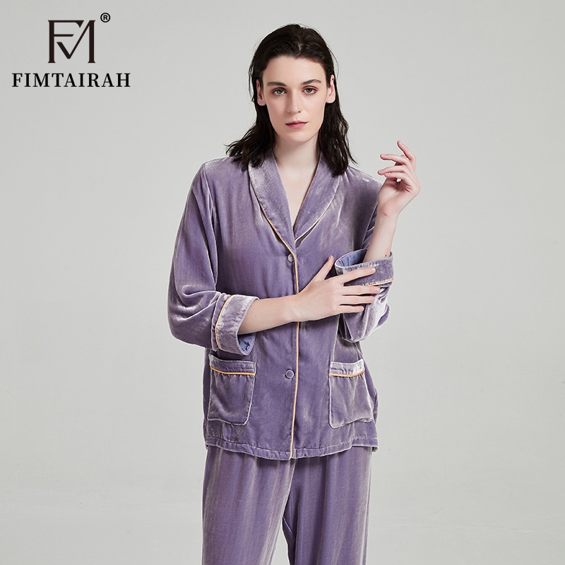 Fimtairah 新 100% シルクベルベットパジャマセット女性秋冬長袖パジャマ厚いベルベットホームウェア 2 点セット