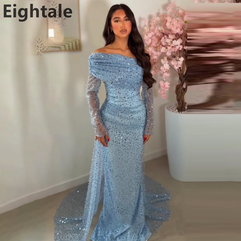 Eightale 2025 シャイニングスパンコールスカイブルーマーメイドマキシウエディングドレストレインイブニングドレス女性フォーマルパーティードレスカスタマイズ