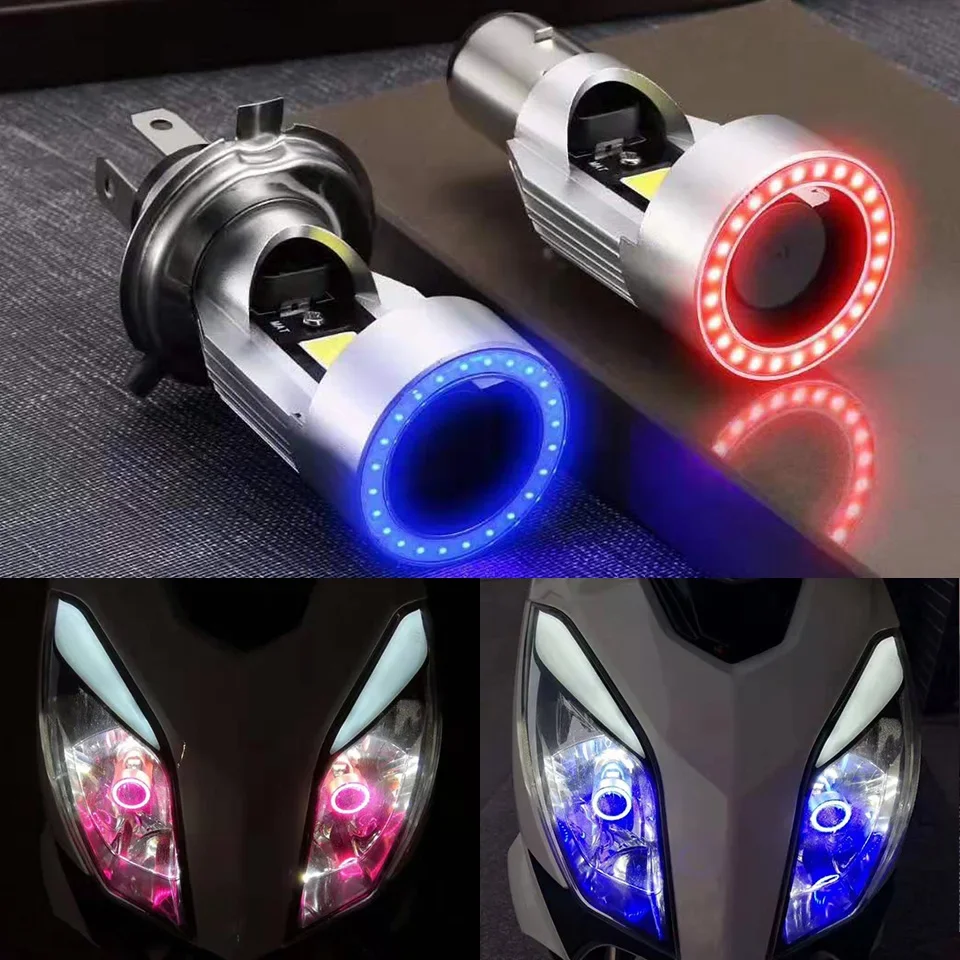 LED オートバイ 30 ワットファン H4 BA20D ブルー/レッドエンジェルアイヘッドライトスクーターバイクヘッドランプ電球 DRL アクセサリー