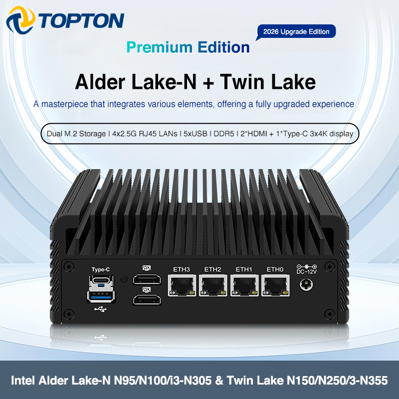 Topton ファンレス ファイアウォール ミニ PC Intel i3 N355 N305 N150 N95 4x2.5G LAN DDR5 NVMe IOT ミニコンピュータ NAS PC ホームサーバーホスト