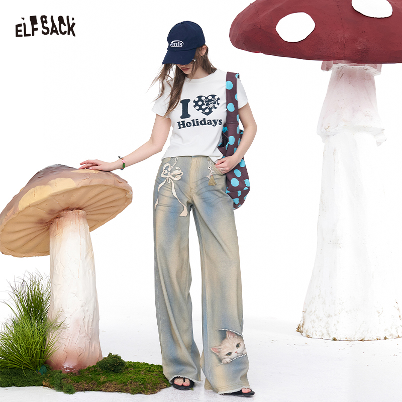 ELFSACK クールなワイドレッグジーンズ、かわいい猫とリボンのプリント、ストリートウェアデニムパンツ、レディース夏服用