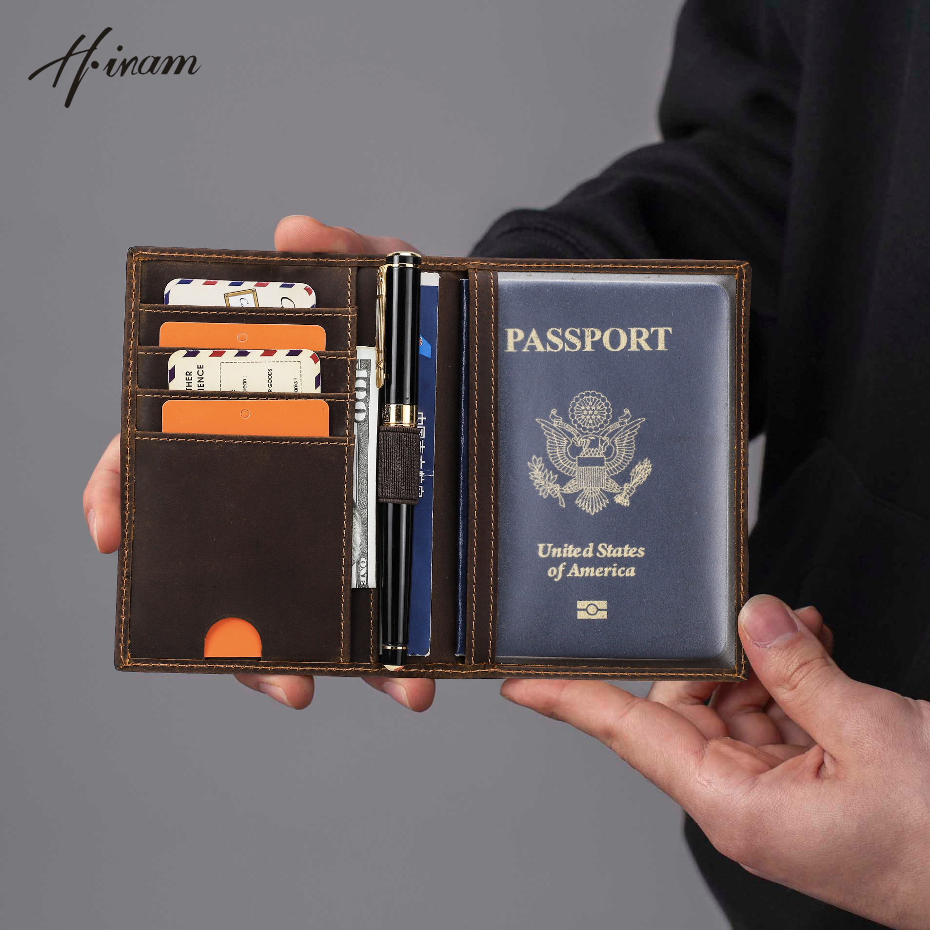 レトロレザーパスポートカバー RFID ブロックカード旅行パスポート財布ドキュメントオーガナイザーケース 1 ペンホルダー付き男性女性